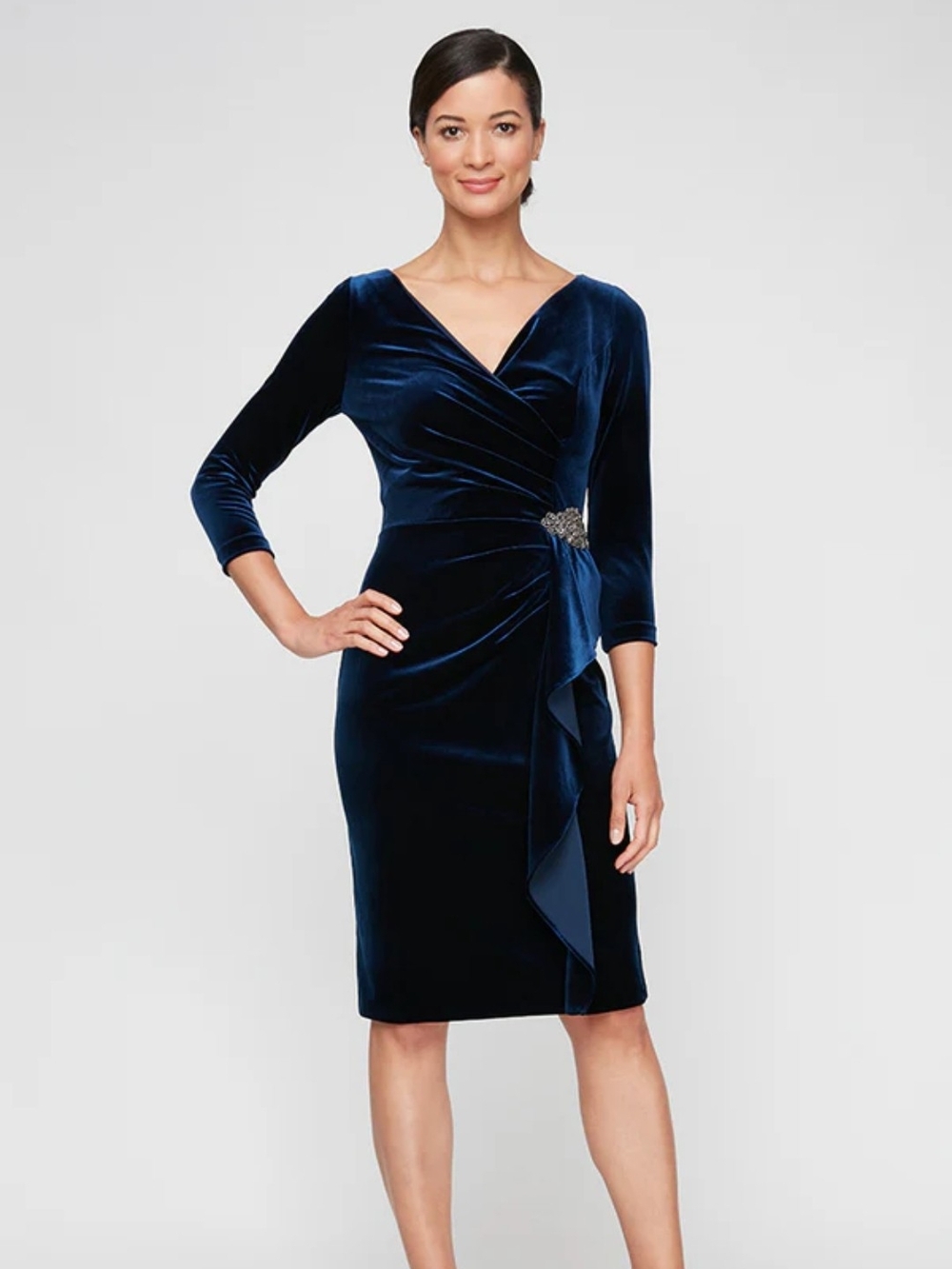 Alex Evenings Midnight Blue Velvet Wrap Sheath with Brooch Detail